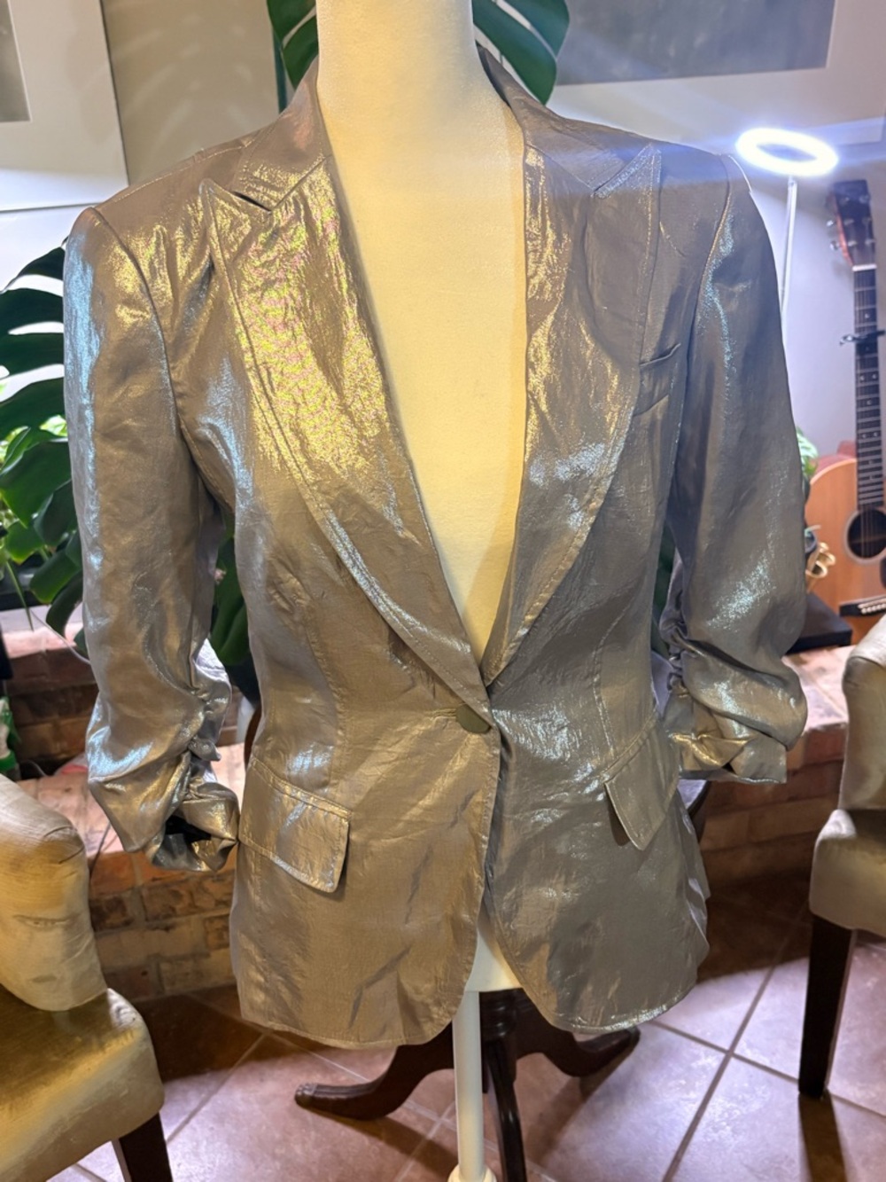 bebe Metallic Silver Notch-Lapel Blazer
